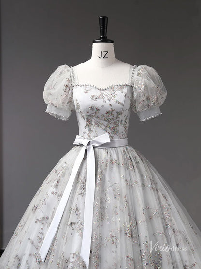 Grey Sparkly Lace Puffed Sleeve Prom Ball Gown Bow Tie Quinceanera Dresses BG057-prom dresses 2025 -Viniodress-Grey-Custom Size-