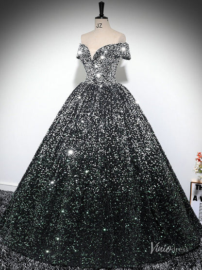 Grey Sparkly Sequin Prom Ball Gown Off the Shoulder Quinceanera Dresses BG030-prom dresses 2025 -Viniodress-Grey-Custom Size-
