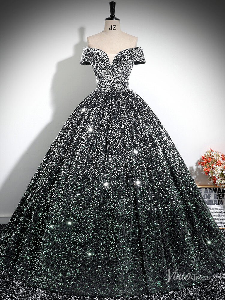 Grey Sparkly Sequin Prom Ball Gown Off the Shoulder Quinceanera Dresses BG030-prom dresses 2025 -Viniodress-Grey-Custom Size-