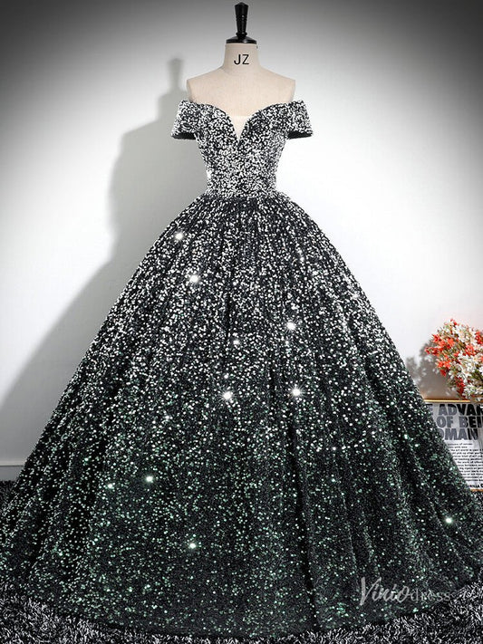 Grey Sparkly Sequin Prom Ball Gown Off the Shoulder Quinceanera Dresses BG030-prom dresses 2025 -Viniodress-Grey-Custom Size-