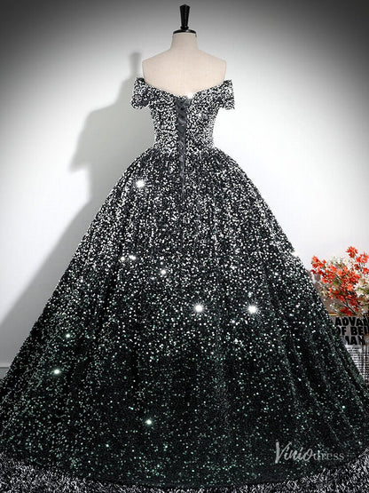 Grey Sparkly Sequin Prom Ball Gown Off the Shoulder Quinceanera Dresses BG030-prom dresses 2025 -Viniodress-Grey-Custom Size-