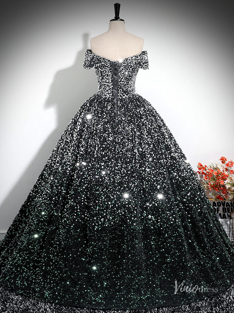 Prom Dress 2025 Grey Sparkly Sequin Prom Ball Gown Off the Shoulder Quinceanera Dresses BG030-unique prom dresses-Grey-Custom Size-Viniodress