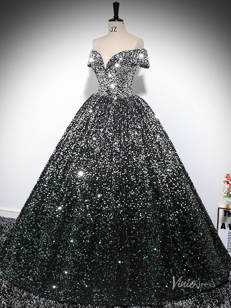 Grey Sparkly Sequin Prom Ball Gown Off the Shoulder Quinceanera Dresses BG030 - Viniodressprom dressesGreyCustom Size - Formal Dresses - Ball Gowns