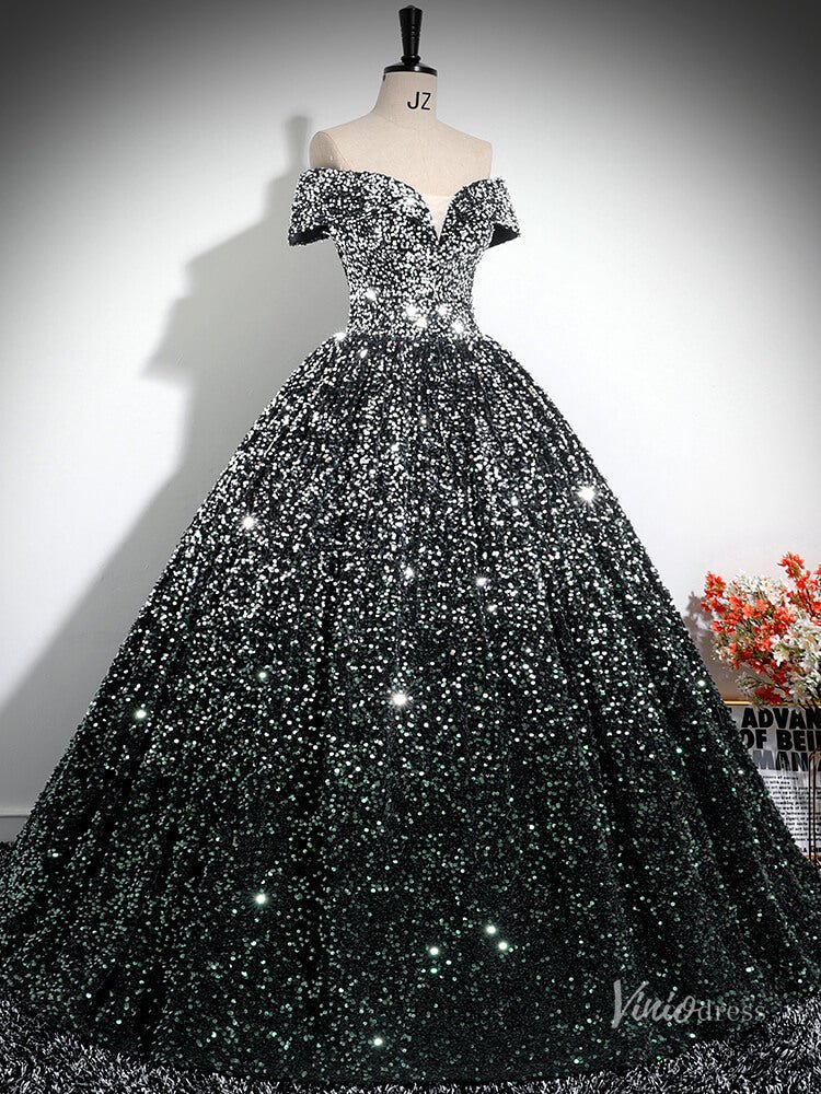 Grey Sparkly Sequin Prom Ball Gown Off the Shoulder Quinceanera Dresses BG030 - Viniodressprom dressesGreyCustom Size - Formal Dresses - Ball Gowns