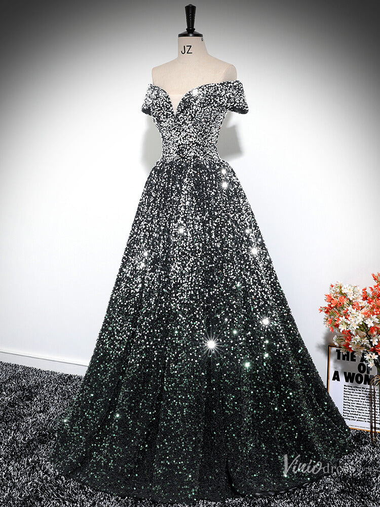 Prom Dress 2025 Grey Sparkly Sequin Prom Ball Gown Off the Shoulder Quinceanera Dresses BG030-unique prom dresses-Grey-Custom Size-Viniodress