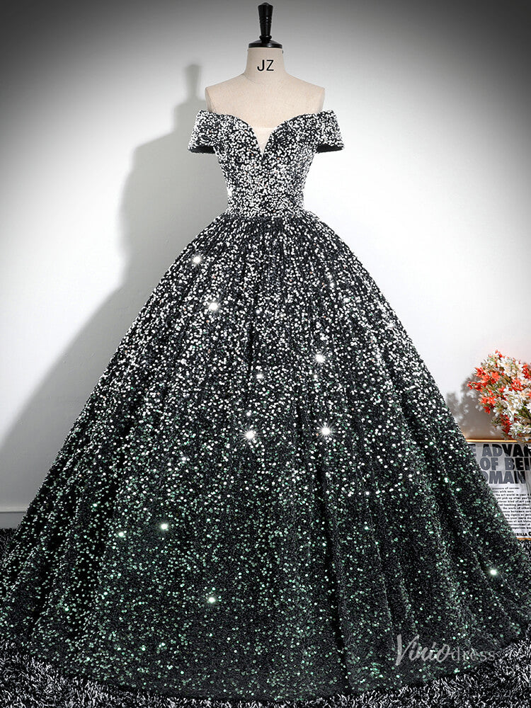 Prom Dress 2025 Grey Sparkly Sequin Prom Ball Gown Off the Shoulder Quinceanera Dresses BG030-unique prom dresses-Grey-Custom Size-Viniodress