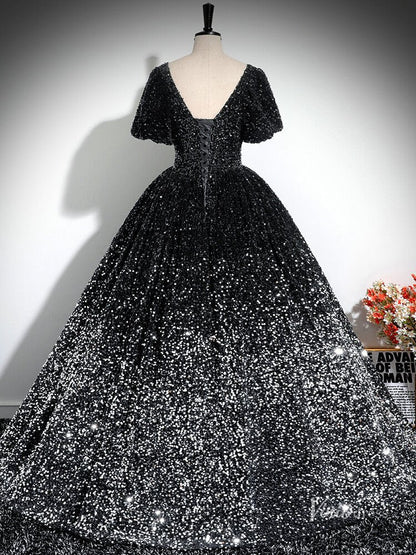 Grey Sparkly Sequin Prom Ball Gown Short Sleeve Quinceanera Dresses BG031-prom dresses 2025 -Viniodress-Grey-Custom Size-