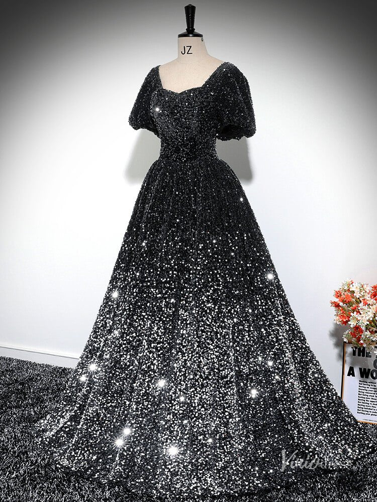 Grey Sparkly Sequin Prom Ball Gown Short Sleeve Quinceanera Dresses BG031-prom dresses 2025 -Viniodress-Grey-Custom Size-