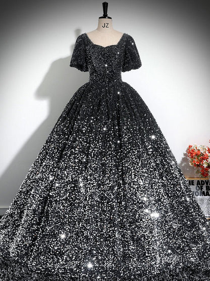 Grey Sparkly Sequin Prom Ball Gown Short Sleeve Quinceanera Dresses BG031-prom dresses 2025 -Viniodress-Grey-Custom Size-