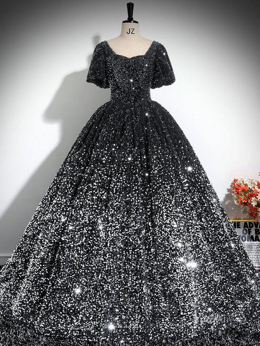 Grey Sparkly Sequin Prom Ball Gown Short Sleeve Quinceanera Dresses BG031-prom dresses 2025 -Viniodress-Grey-Custom Size-