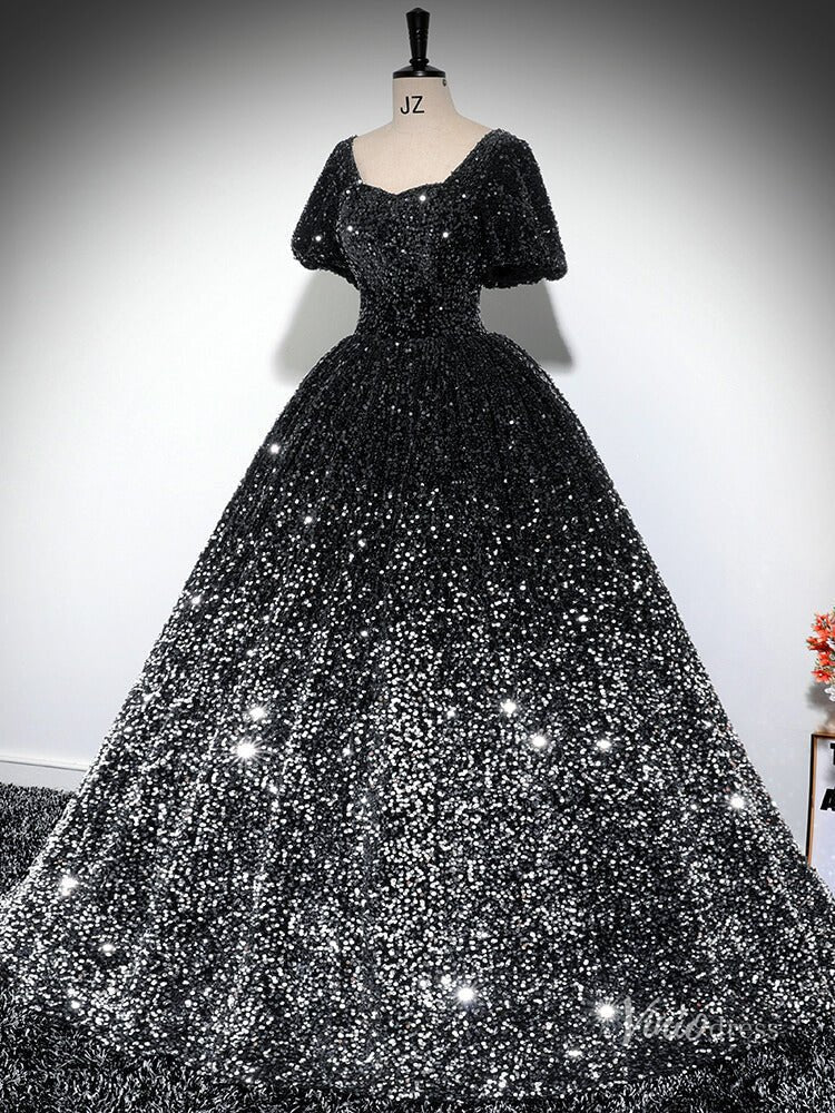 Grey Sparkly Sequin Prom Ball Gown Short Sleeve Quinceanera Dresses BG031-prom dresses 2025 -Viniodress-Grey-Custom Size-