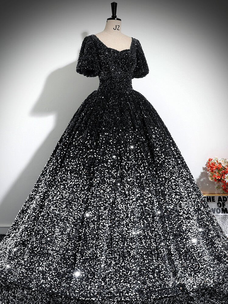 Grey Sparkly Sequin Prom Ball Gown Short Sleeve Quinceanera Dresses BG031-prom dresses 2025 -Viniodress-Grey-Custom Size-