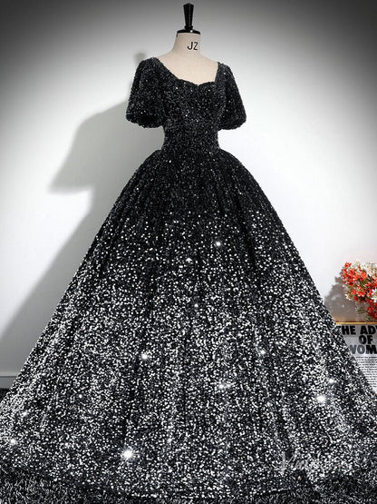 Grey Sparkly Sequin Prom Ball Gown Short Sleeve Quinceanera Dresses BG031-prom dresses 2025 -Viniodress-Grey-Custom Size-