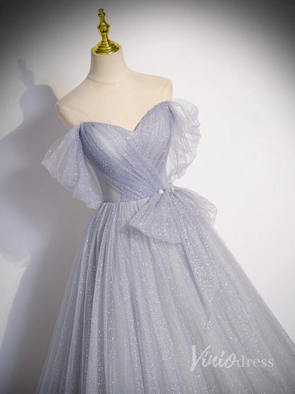 Grey Sparkly Tulle Off the Shoulder Prom Dresses Pleated Bodice Bow Tie 90042-prom dresses 2025 -Viniodress-Grey-Custom Size-