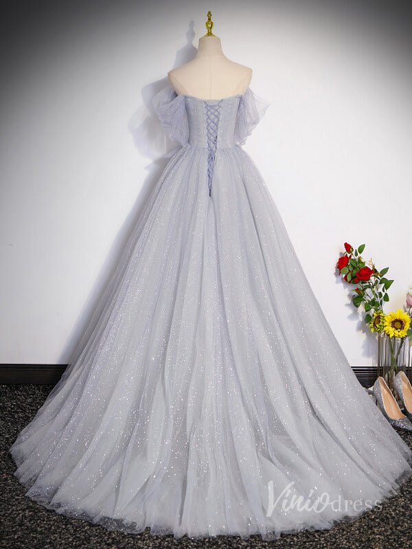 Grey Sparkly Tulle Off the Shoulder Prom Dresses Pleated Bodice Bow Tie 90042 - Viniodressprom dressesGreyCustom Size - Formal Dresses - Ball Gowns