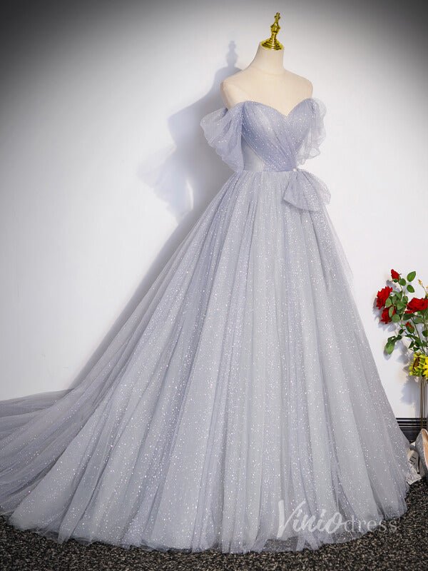 Grey Sparkly Tulle Off the Shoulder Prom Dresses Pleated Bodice Bow Tie 90042 - Viniodressprom dressesGreyCustom Size - Formal Dresses - Ball Gowns