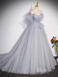 Grey Sparkly Tulle Off the Shoulder Prom Dresses Pleated Bodice Bow Tie 90042-prom dresses-Viniodress-Viniodress