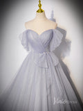 Grey Sparkly Tulle Off the Shoulder Prom Dresses Pleated Bodice Bow Tie 90042-prom dresses-Viniodress-Viniodress