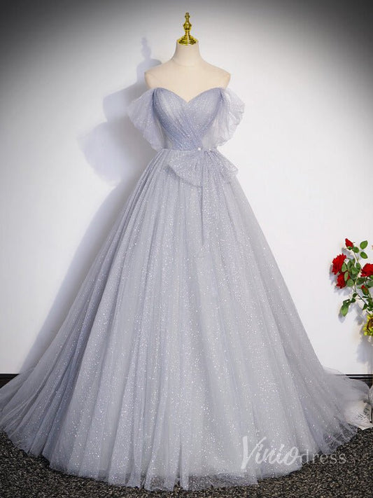 Grey Sparkly Tulle Off the Shoulder Prom Dresses Pleated Bodice Bow Tie 90042 - Viniodressprom dressesGreyCustom Size - Formal Dresses - Ball Gowns