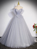 Grey Sparkly Tulle Off the Shoulder Prom Dresses Pleated Bodice Bow Tie 90042
