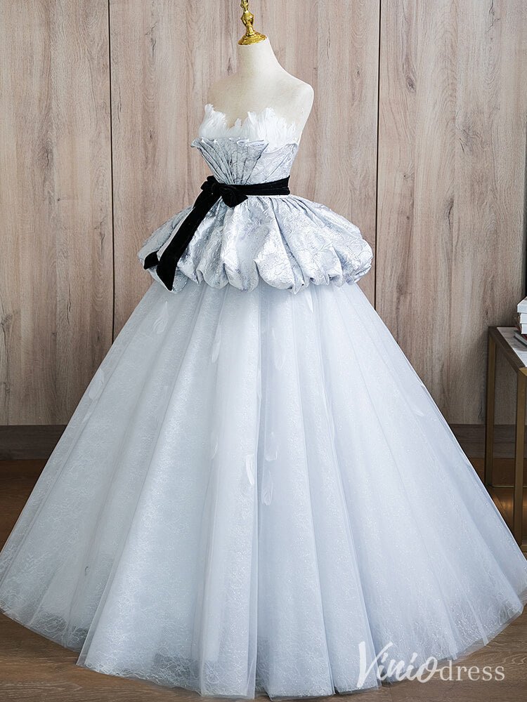 Grey Tiered Ruffled Prom Dresses Strapless Feather Formal Gown AD1365-prom dresses 2025 -Viniodress-Grey-Custom Size-