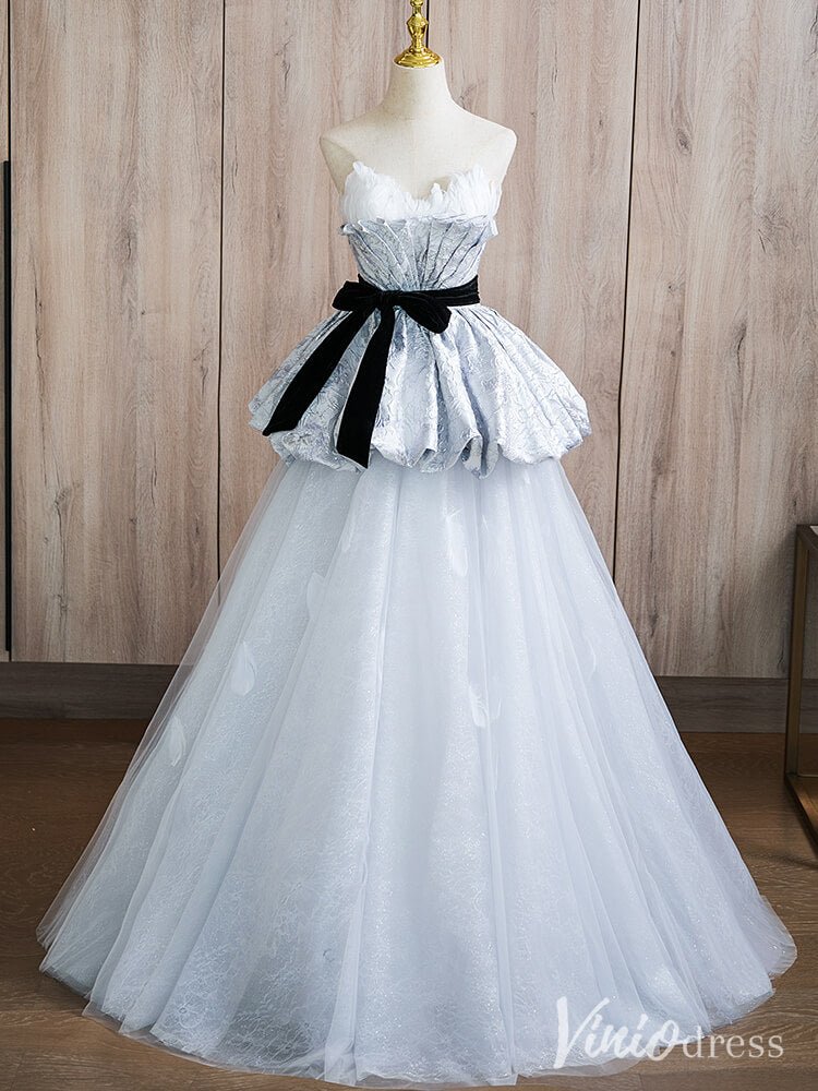 Grey Tiered Ruffled Prom Dresses Strapless Feather Formal Gown AD1365 Viniodress Grey Tiered Ruffled Prom Dresses Strapless Feather Formal Gown AD1365 Viniodress