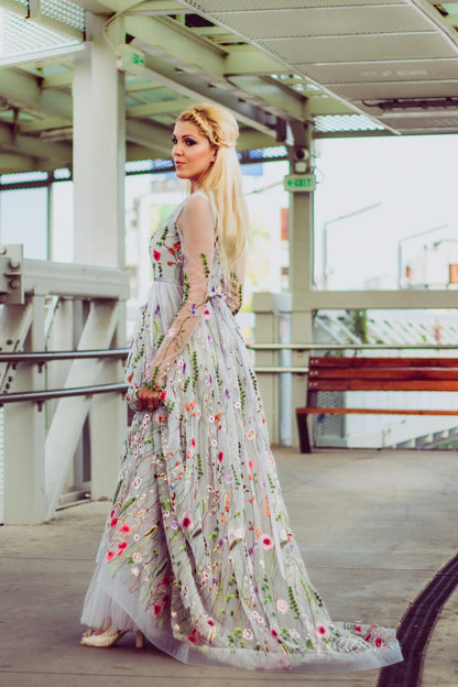 Grey Whimsical Wildflower Wedding Dress Long Sleeves, Round Neck & Ribbon Sash FW109-wedding dresses 2025 -Viniodress-Grey-Custom Size-