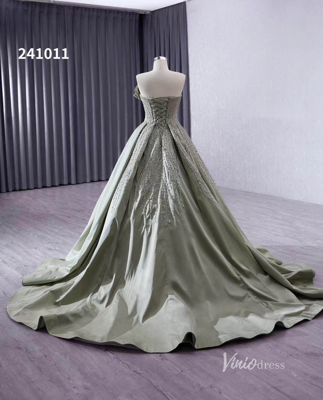 Greyish Green Beaded Lace Wedding Dresses Strapless Quinceanera Dress 241011-Quinceanera Dresses 2025 -Viniodress-Greyish Green-Custom Size-