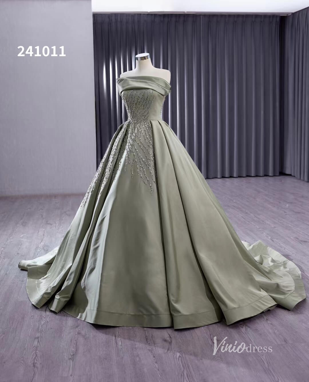 Greyish Green Beaded Lace Wedding Dresses Strapless Quinceanera Dress 241011 - ViniodressQuinceanera DressesGreyish GreenCustom Size - Formal Dresses - Ball Gowns