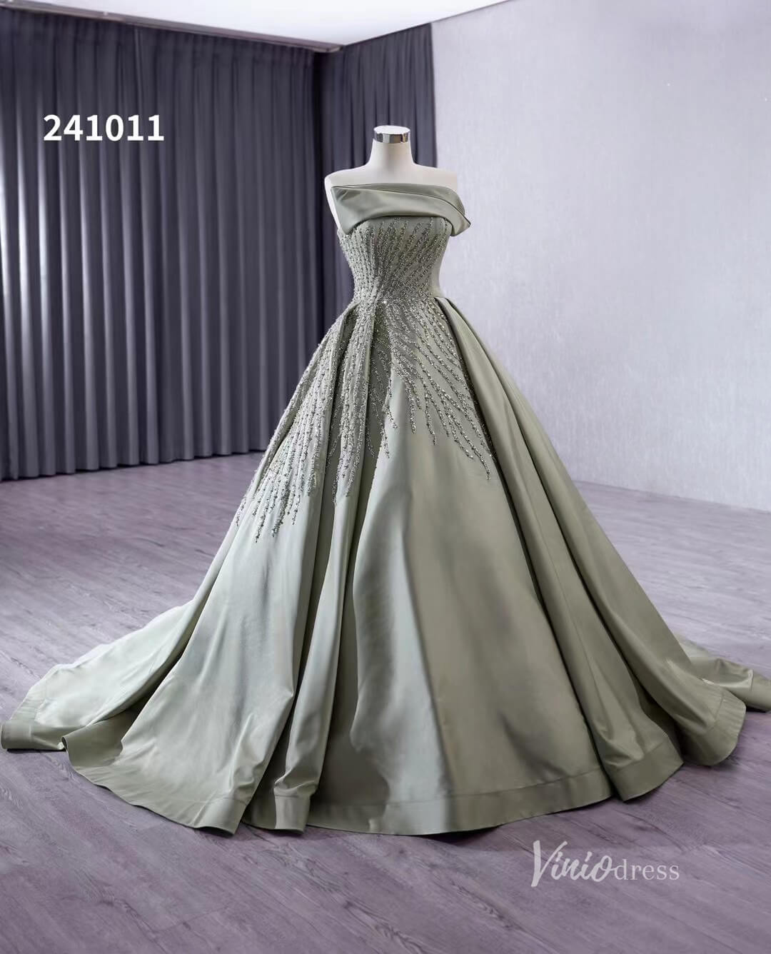 Greyish Green Beaded Lace Wedding Dresses Strapless Quinceanera Dress 241011 - ViniodressQuinceanera DressesGreyish GreenCustom Size - Formal Dresses - Ball Gowns