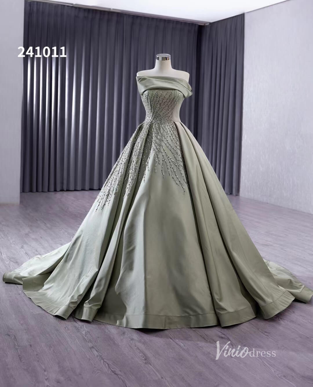 Greyish Green Beaded Lace Wedding Dresses Strapless Quinceanera Dress 241011 - ViniodressQuinceanera DressesGreyish GreenCustom Size - Formal Dresses - Ball Gowns