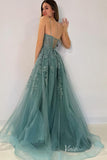 Greyish Green Lace Applique Sparkly Tulle Prom Dresses Boned Bodice Spaghetti Strap FD4046-prom dresses-Viniodress-Viniodress