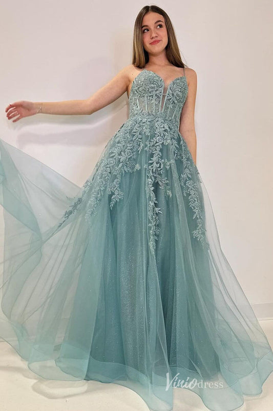 Greyish Green Lace Applique Sparkly Tulle Prom Dresses Boned Bodice Spaghetti Strap FD4046 - Viniodressprom dressesGreyish GreenCustom Size - Formal Dresses - Ball Gowns