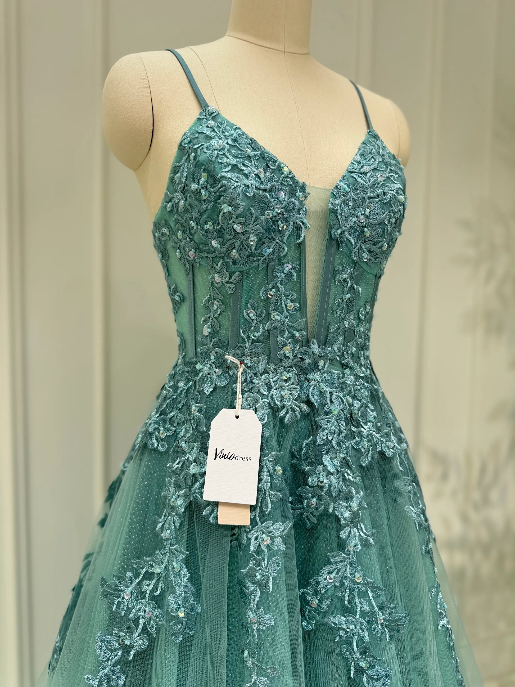 Greyish Green Lace Applique Sparkly Tulle Prom Dresses Spaghetti Strap Long Formal Gown FD4046-prom dresses 2025 -Viniodress-Greyish Green-Custom Size-