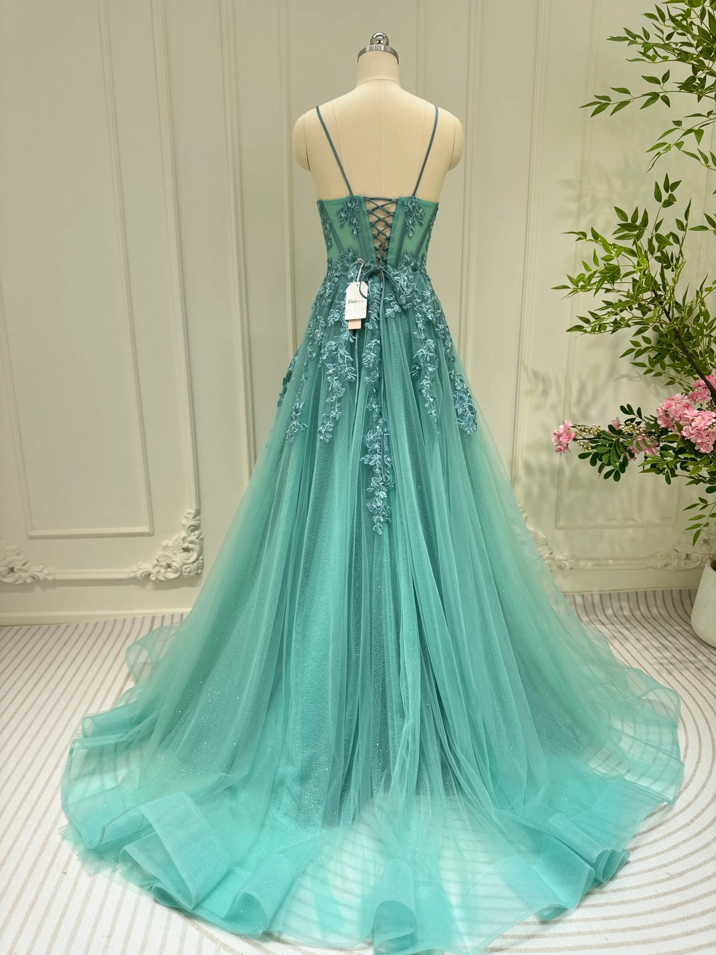 Greyish Green Lace Applique Sparkly Tulle Prom Dresses Spaghetti Strap Long Formal Gown FD4046-prom dresses 2025 -Viniodress-Greyish Green-Custom Size-