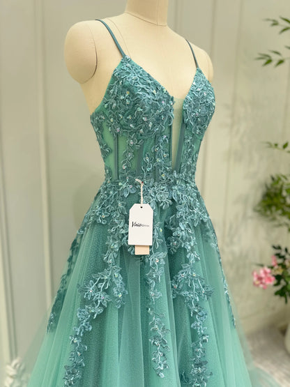 Greyish Green Lace Applique Sparkly Tulle Prom Dresses Spaghetti Strap Long Formal Gown FD4046-prom dresses 2025 -Viniodress-Greyish Green-Custom Size-