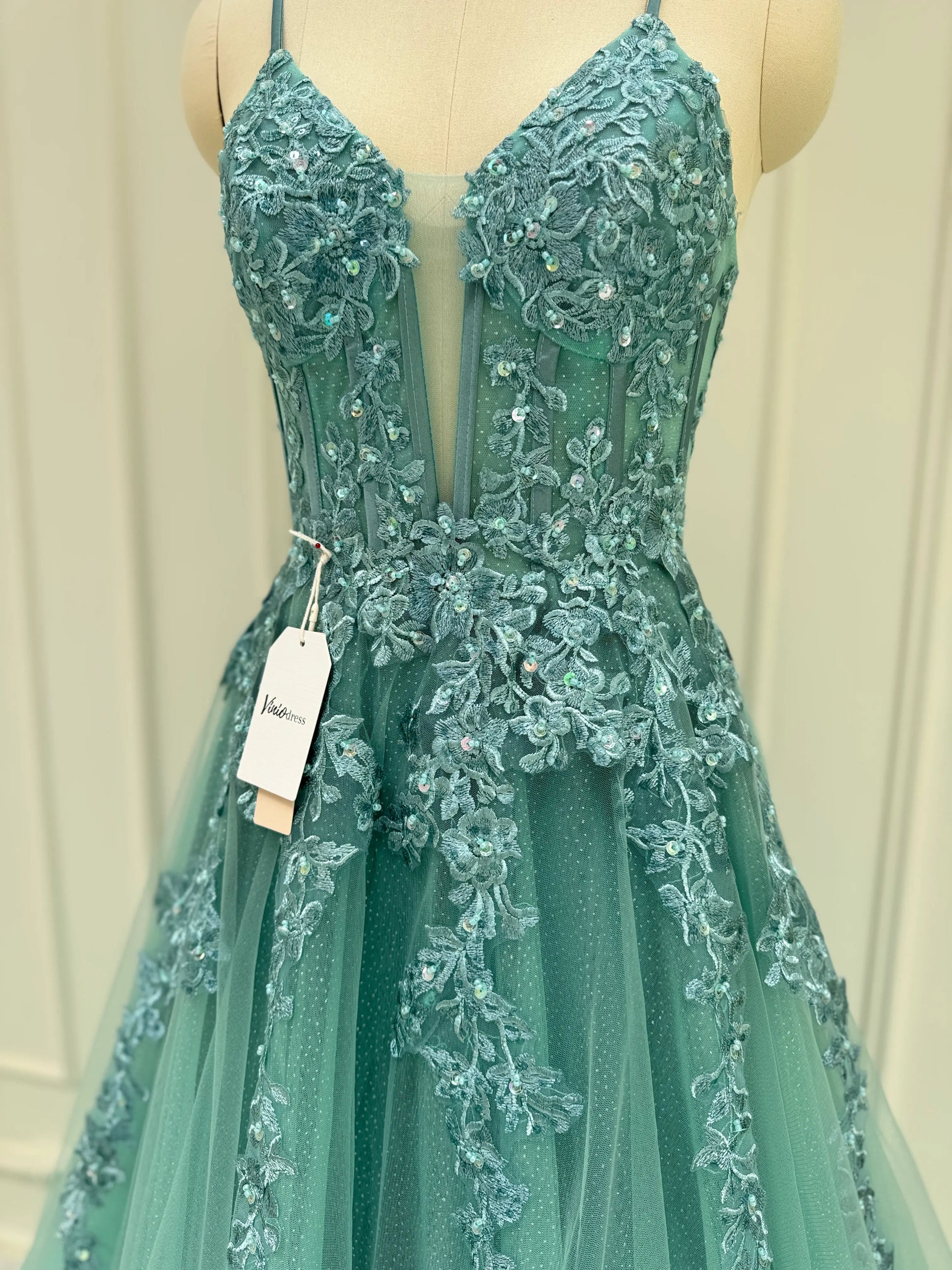 Greyish Green Lace Applique Sparkly Tulle Prom Dresses Spaghetti Strap Long Formal Gown FD4046-prom dresses 2025 -Viniodress-Greyish Green-Custom Size-