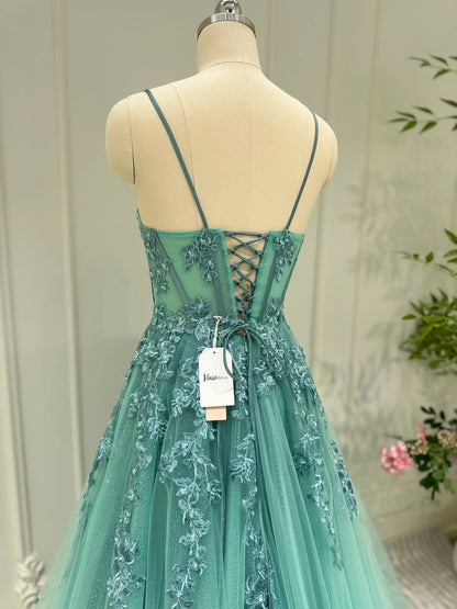 Greyish Green Lace Applique Sparkly Tulle Prom Dresses Spaghetti Strap Long Formal Gown FD4046-prom dresses 2025 -Viniodress-Greyish Green-Custom Size-