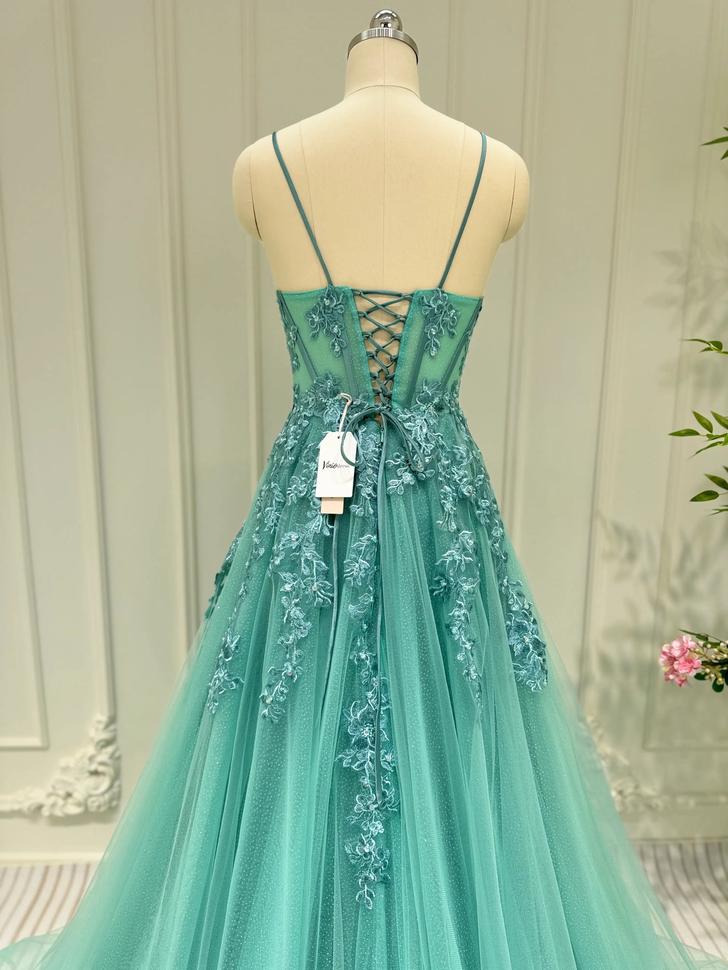 Greyish Green Lace Applique Sparkly Tulle Prom Dresses Spaghetti Strap Long Formal Gown FD4046-prom dresses 2025 -Viniodress-Greyish Green-Custom Size-