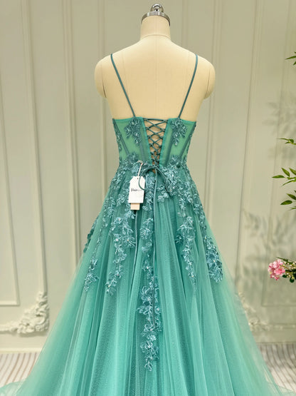 Greyish Green Lace Applique Sparkly Tulle Prom Dresses Spaghetti Strap Long Formal Gown FD4046-prom dresses 2025 -Viniodress-Greyish Green-Custom Size-
