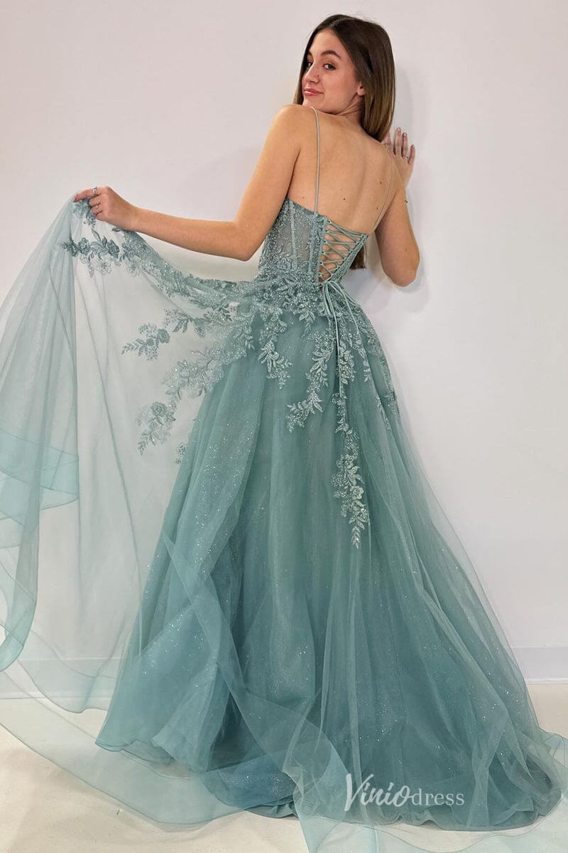 Greyish Green Lace Applique Sparkly Tulle Prom Dresses Spaghetti Strap Long Formal Gown FD4046-prom dresses 2025 -Viniodress-Greyish Green-Custom Size-