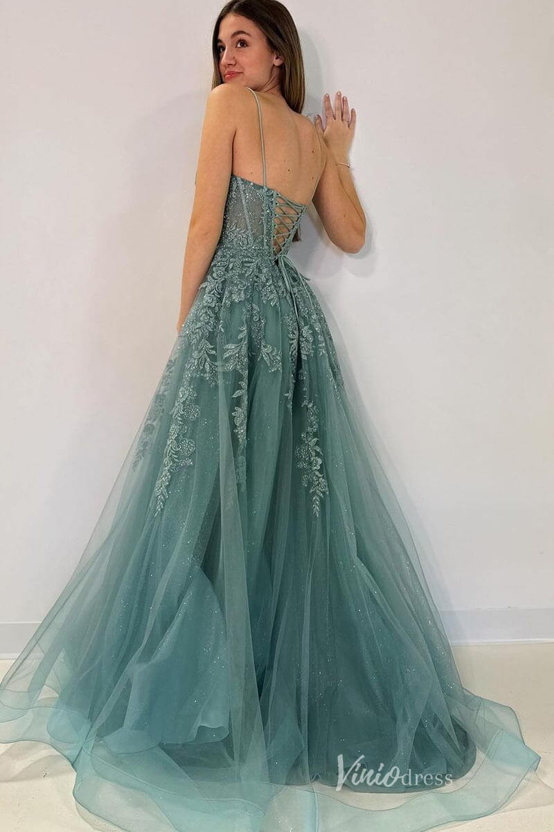 formal dresses fall 2024 Greyish Green Lace Applique Sparkly Tulle Prom Dresses Spaghetti Strap –  Viniodress