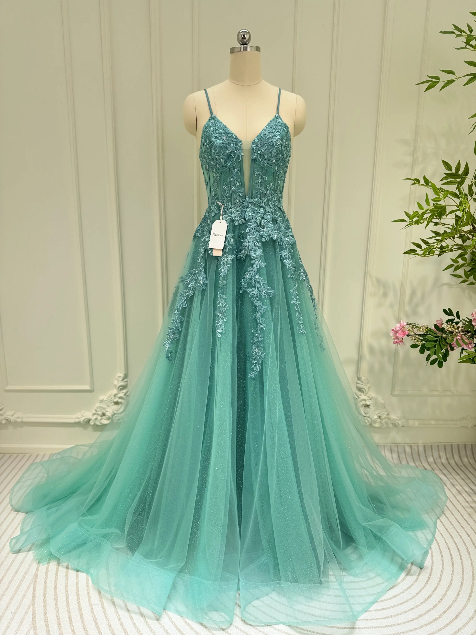 Greyish Green Lace Applique Sparkly Tulle Prom Dresses Spaghetti Strap –  Viniodress