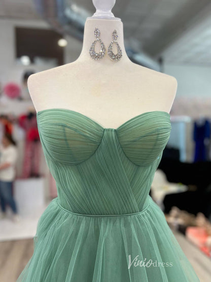 Greyish Green Strapless Prom Dresses 3D Flower Pleated Bodice FD4025-prom dresses 2025 -Viniodress-Greyish Green-Custom Size-