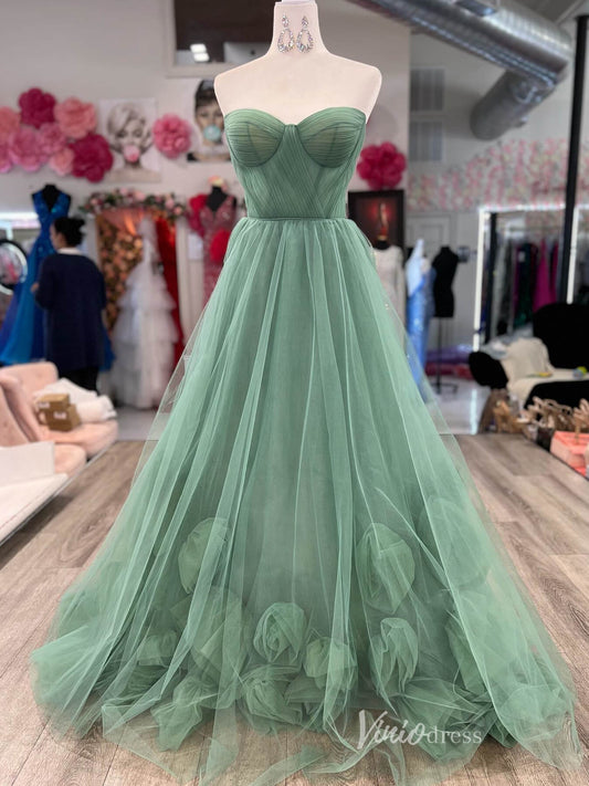 Greyish Green Strapless Prom Dresses 3D Flower Pleated Bodice FD4025-prom dresses 2025 -Viniodress-Greyish Green-Custom Size-