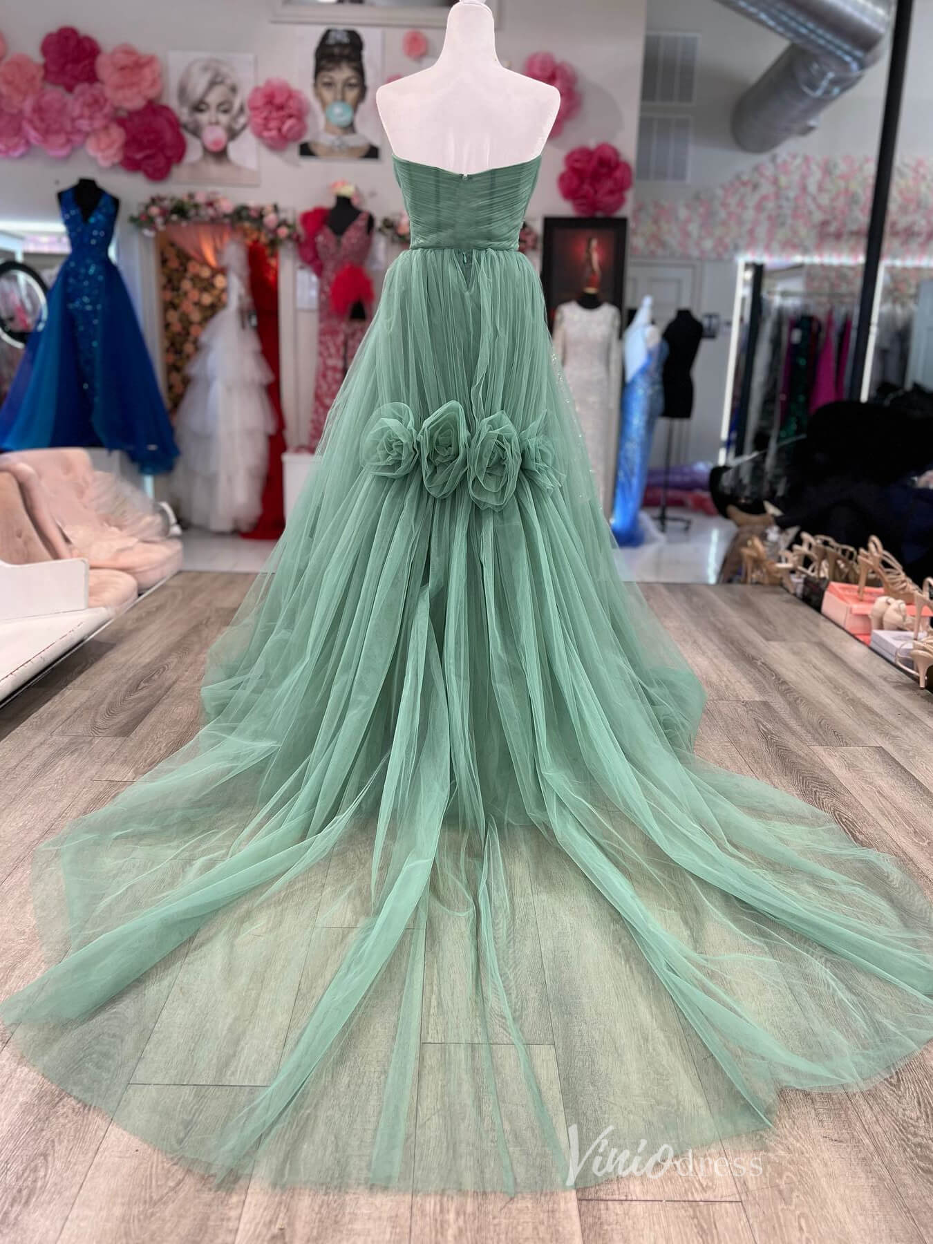 Greyish Green Strapless Prom Dresses 3D Flower Pleated Bodice FD4025 - Viniodressprom dressesGreyish GreenCustom Size - Formal Dresses - Ball Gowns