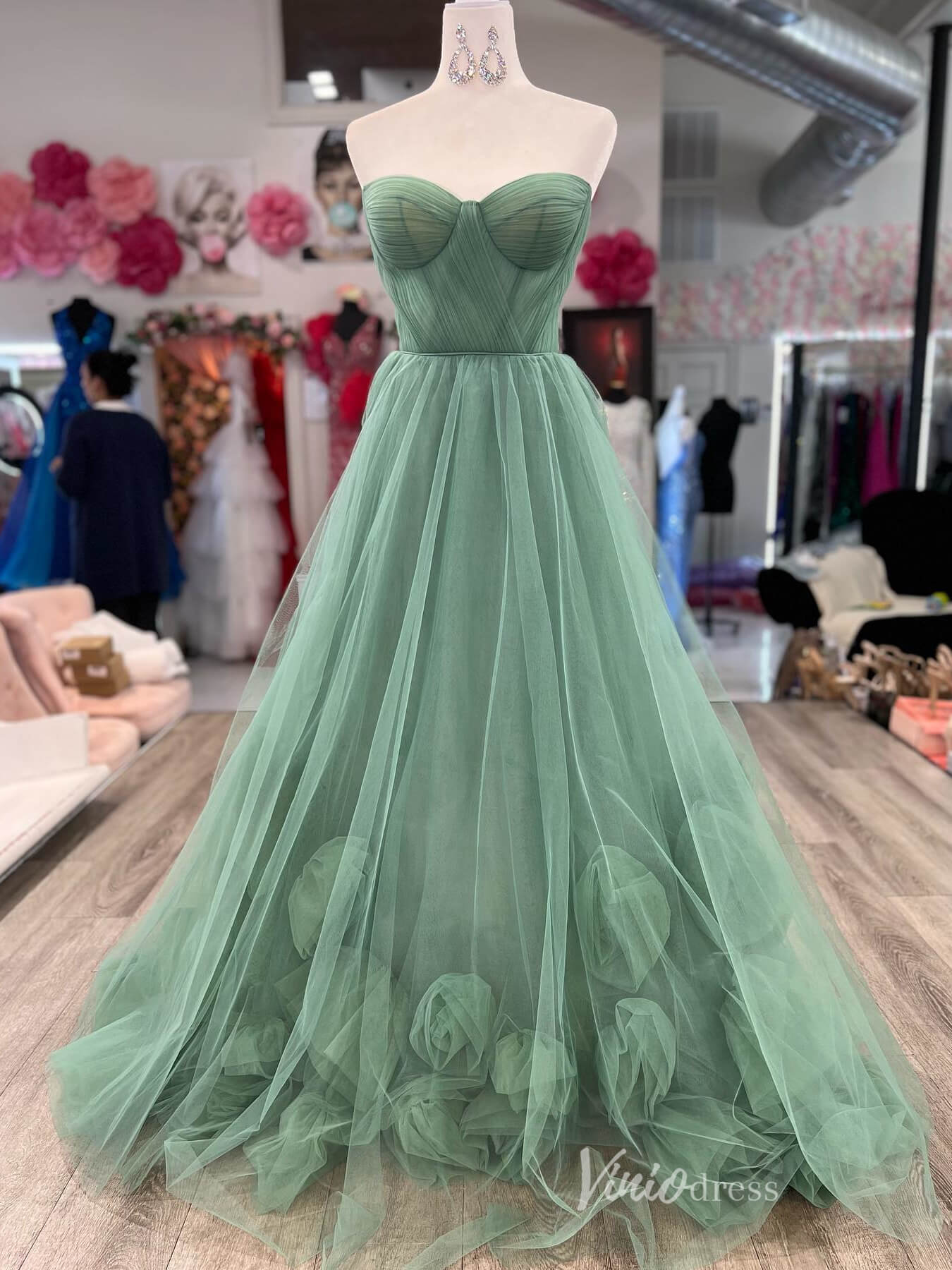 Greyish Green Strapless Prom Dresses 3D Flower Pleated Bodice FD4025 - Viniodressprom dressesGreyish GreenCustom Size - Formal Dresses - Ball Gowns