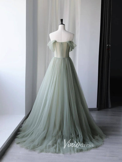 Greyish Green Tulle Prom Dresses Off the Shoulder Evening Dress FD3185-prom dresses 2025 -Viniodress-Greyish Green-Custom Size-