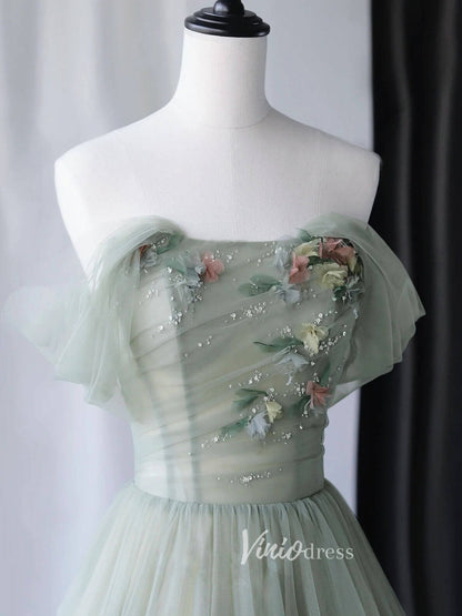 Greyish Green Tulle Prom Dresses Off the Shoulder Evening Dress FD3185-prom dresses 2025 -Viniodress-Greyish Green-Custom Size-