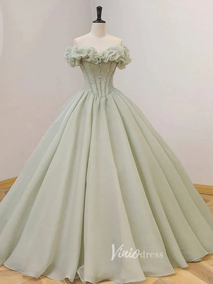 Greyish Sage Green Prom Dresses Off the Shoulder Ball Gown FD3120-prom dresses 2025 -Viniodress-Sage-Custom Size-